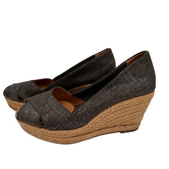 Tory Burch Metallic Filipa Canvas Espadrille Wedges Heels Size 7.5 - Picture 6 of 11